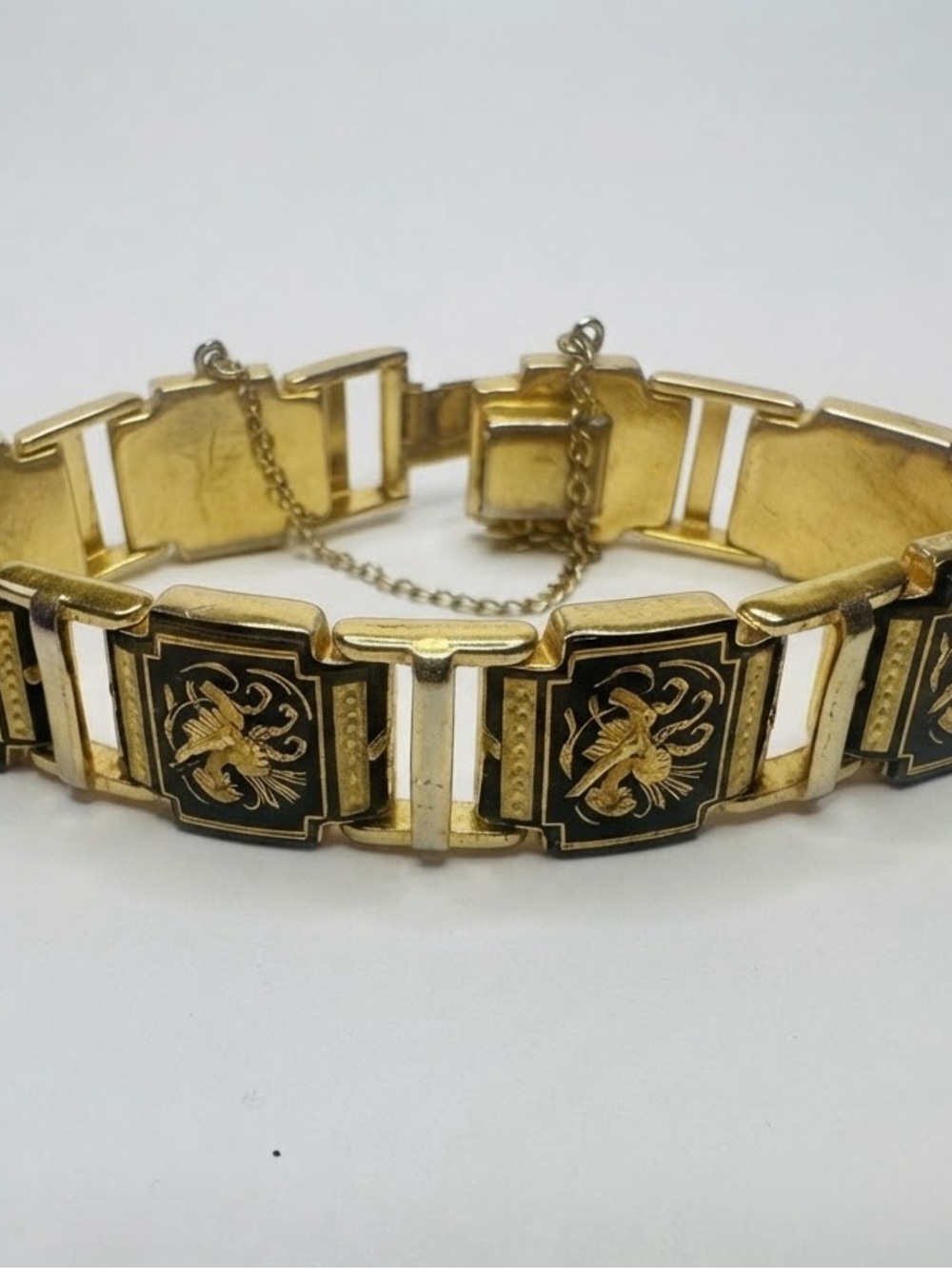 Vintage Damascene Gold and Black Etched Link Bracelet with Safety Chain